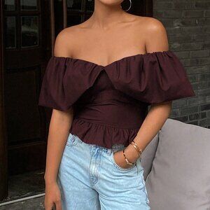 Burgundy Elegant Women's Strapless Off Shoulder Cropped Blouse